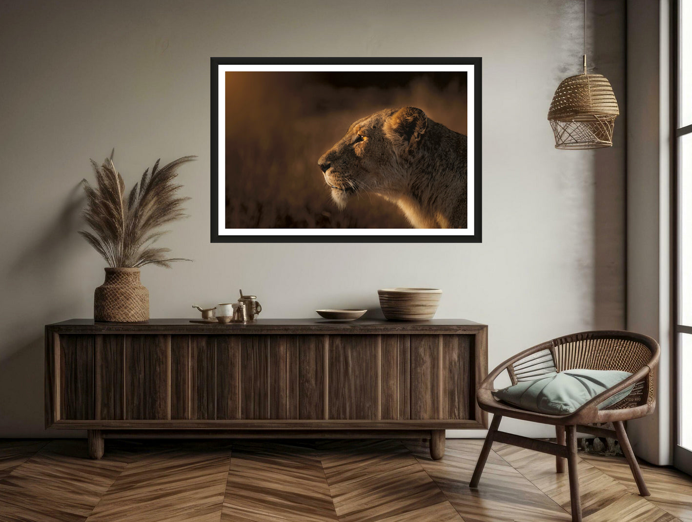 A photograph of a lioness’ face staring into the distance in golden morning light hanging on a brown wall above a commode and a chair next to it.