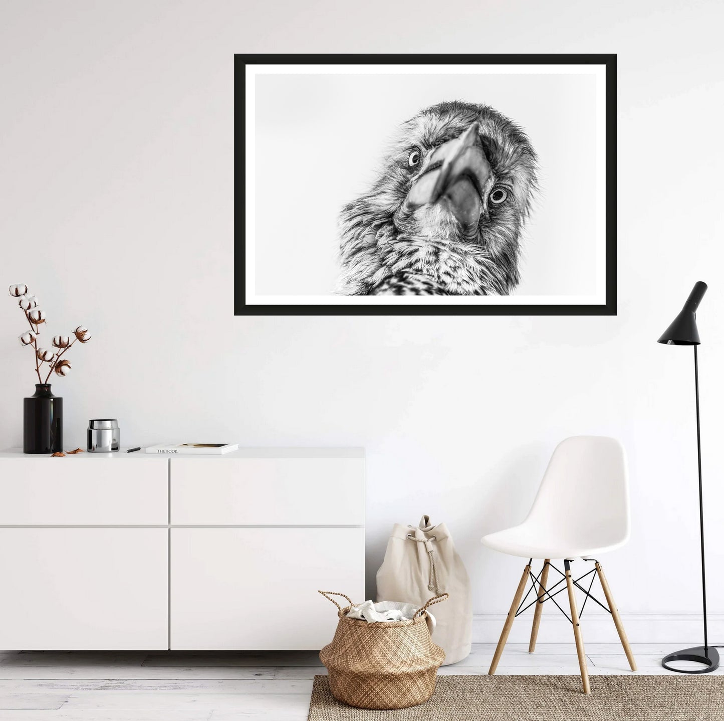 A photograph of a hornbill’s face looking straight into the camera hanging on a white wall above a chair and a commode.