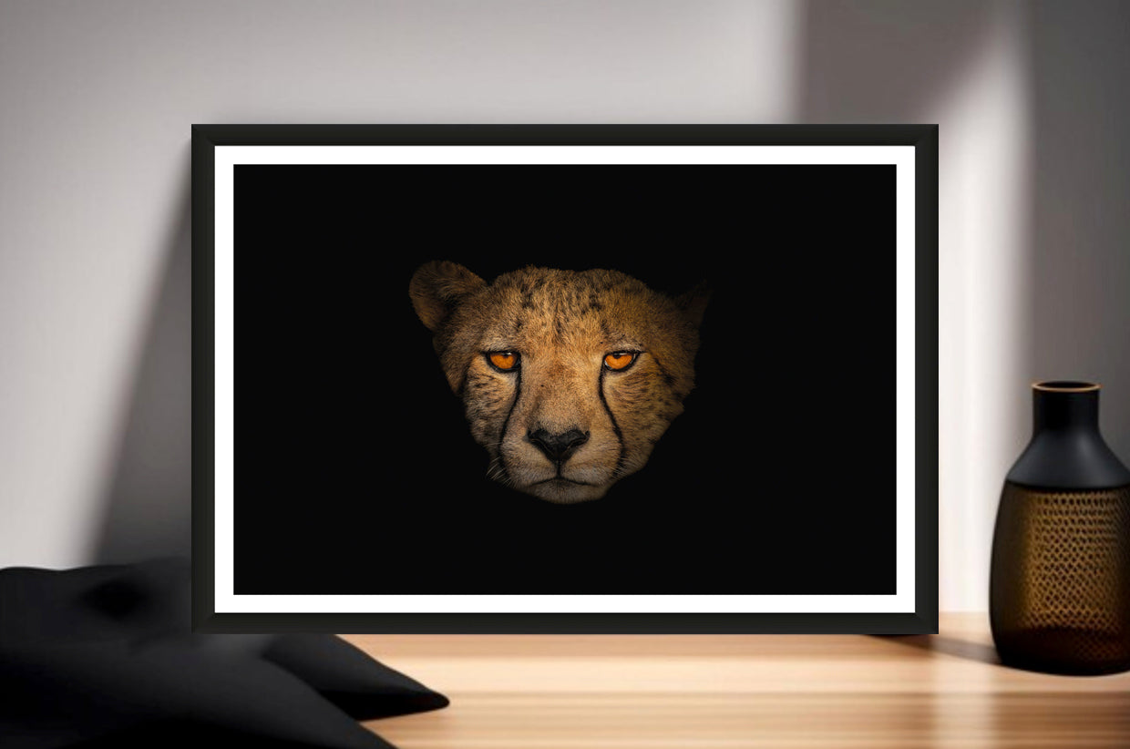 A photograph showcasing the amber eyes and a Cheetah's face up close appearing from the darkness standing on a sideboard next to a vase.