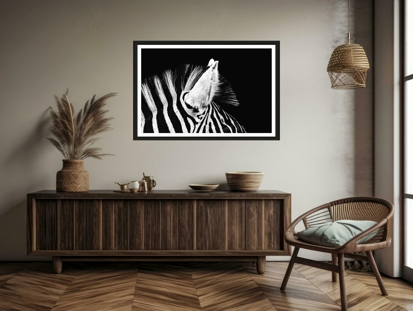 A closeup photograph of a zebras ears and mane with black background hanging on a brown wall above a chair and a commode.