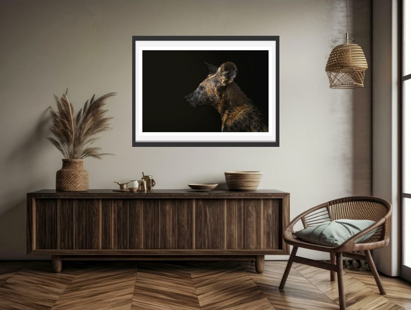 A photograph of a wild dog's face and neck with a wet coat hanging on a brown wall above a chair and a commode.