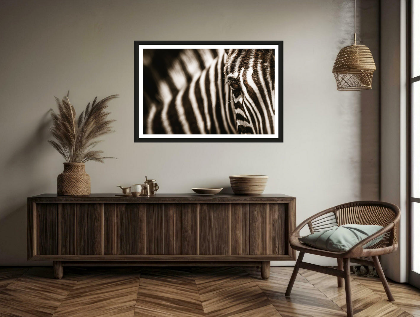 A closeup photograph of a zebra's eye hanging on a brown wall above a commode and a chair.