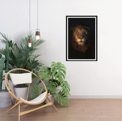 The photograph of a big male lion with piercing eye contact hanging on a white wall with a chair and plants standing in the corner.