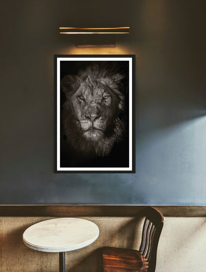 A closeup photograph of a male lions' face in black and white hanging on a greyish wall above a chair and a commode..