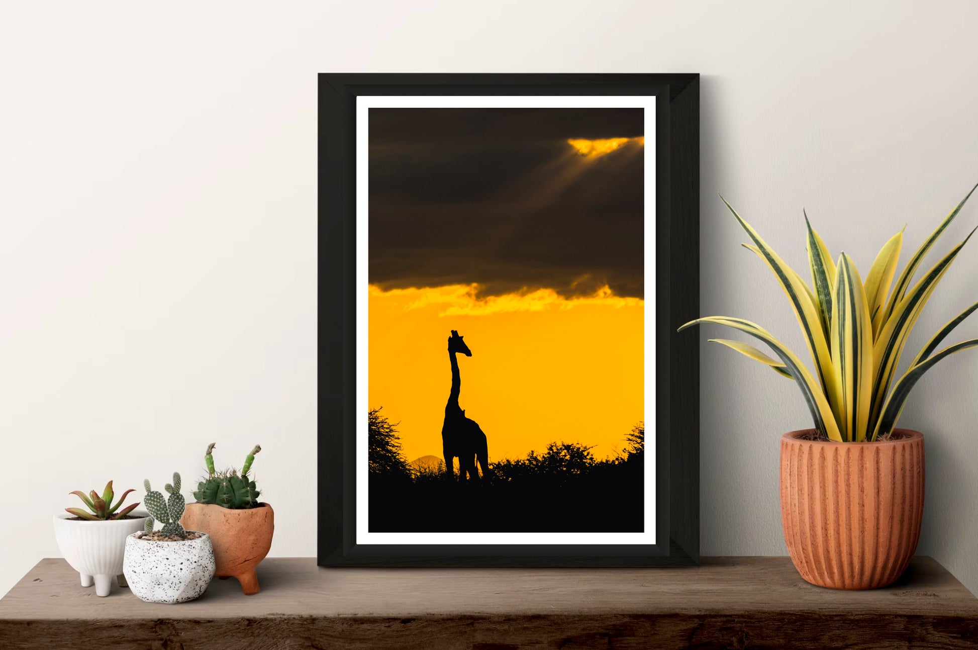 A photograph of a giraffe silhouette standing under a stormy orange sky during sunset standing on a shelf with plants next other to it.