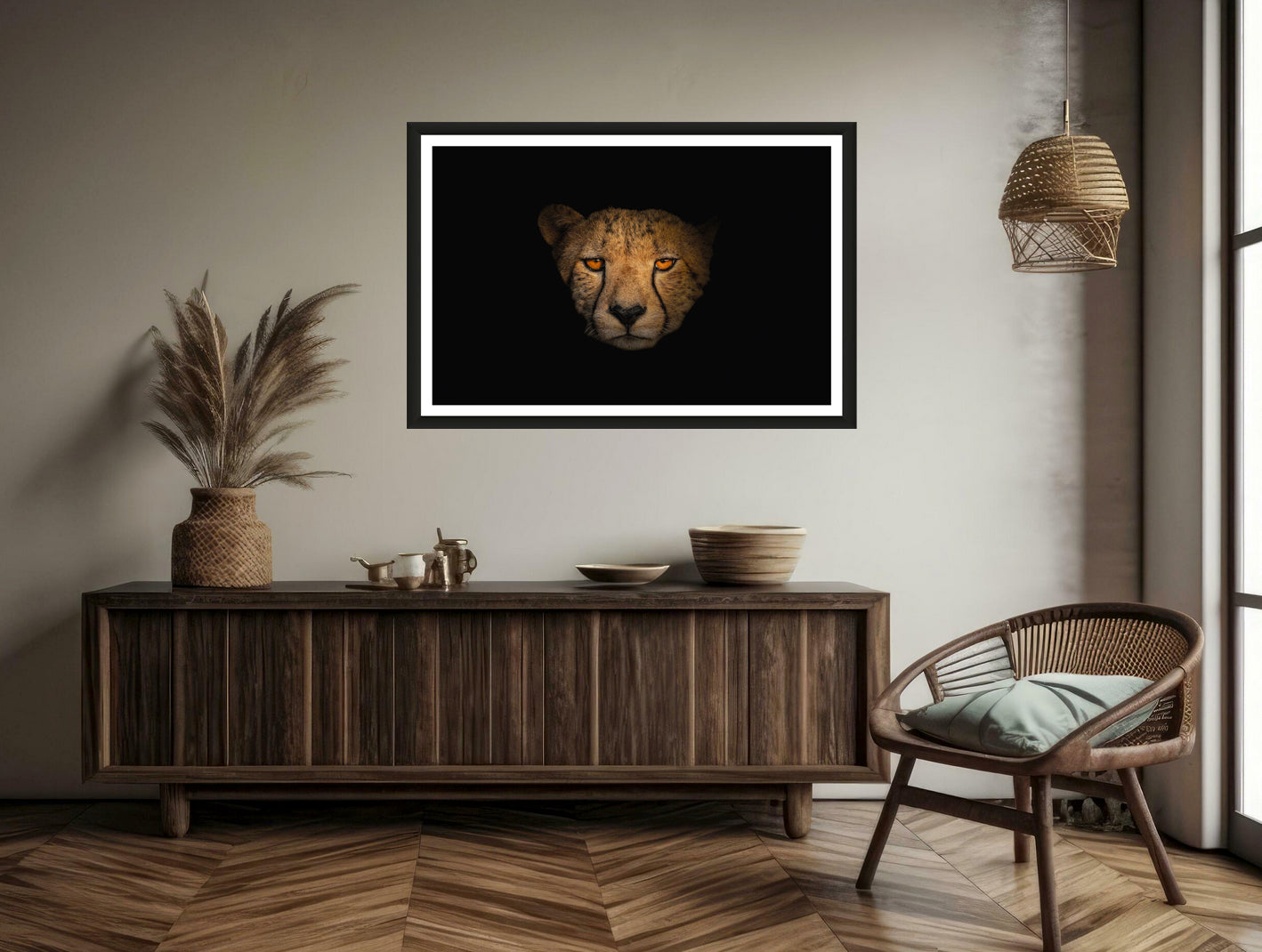 A photograph showcasing the amber eyes and a Cheetah's face up close appearing from the darkness hanging on a brown wall above a chair and a commode.